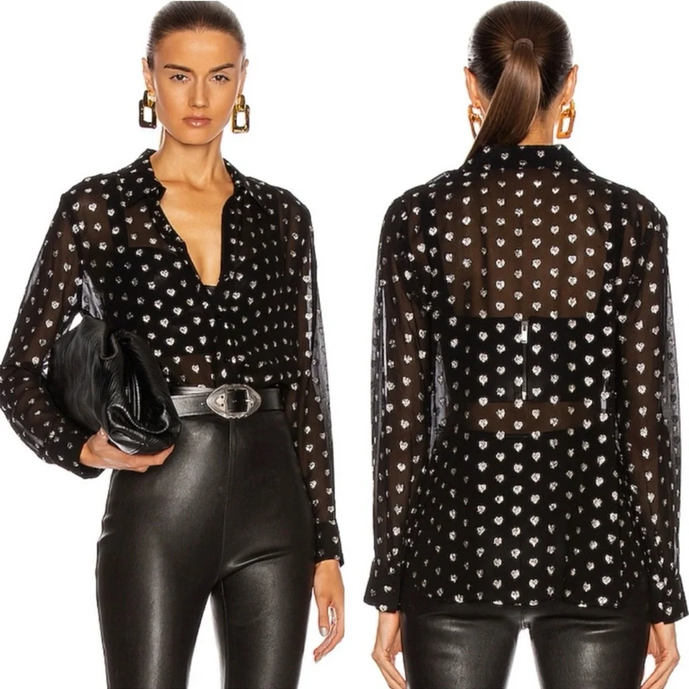 L’Agence Hailie Black & Silver Hearts Semi Sheer Blouse - Picture 3 of 11